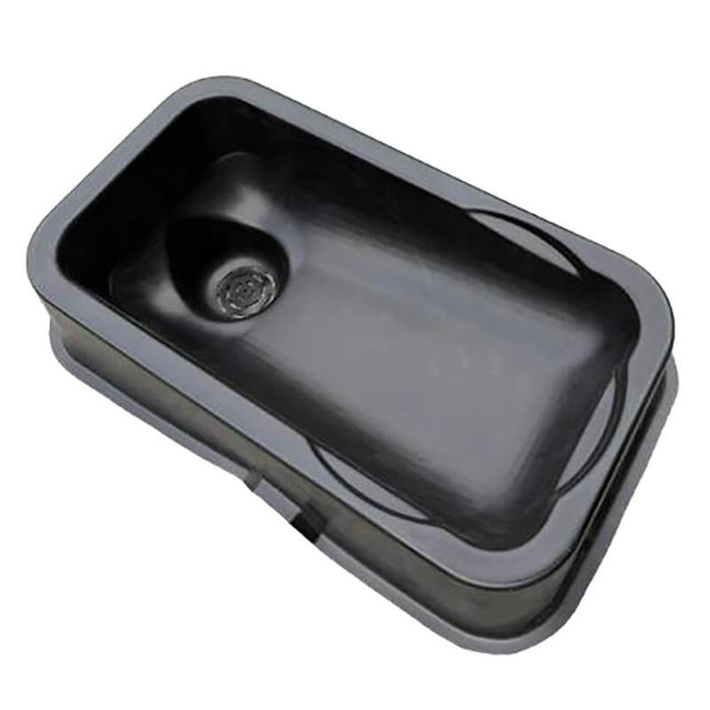 The UltraTech IBC Mini Funnel 0649 is a rectangular black plastic basin with rounded corners, a circular drain hole, and raised edges—perfect for industrial liquid pouring or washing tasks.