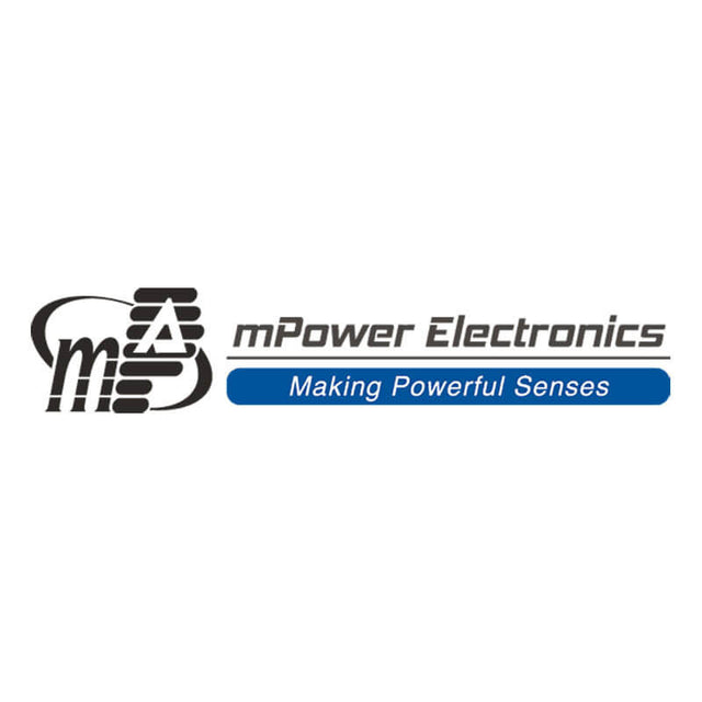 The logo of mPower Electronics showcases the stylized letters "mPE" alongside their slogan "Making Powerful Senses," set against a blue banner, emphasizing their proficiency in sensors and in products like the mPower MP420 External Filters with Clip M020-3007-005.