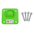 The Frontline Concrete & Steel D-Ring Reusable Anchor Plate COP01 by Frontline Fall Protection features a green metal plate with a D-ring, four mounting holes, and comes with three bolts, nuts, and washers—ideal for reusable fall arrest anchor setups.