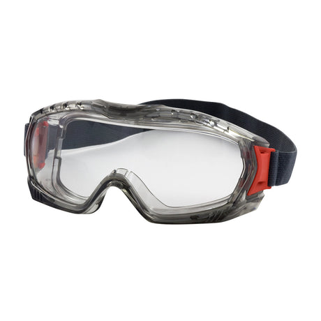 Introducing the PIP Stone Indirect Vent Goggle 251-60-0020 by Protective Industrial Products. These goggles come with a gray frame and durable, fogless lenses to ensure clear vision. They feature an adjustable gray strap accented with red near the strap attachments. Designed for eye protection in various environments, these anti-scratch goggles provide reliable safety and comfort.