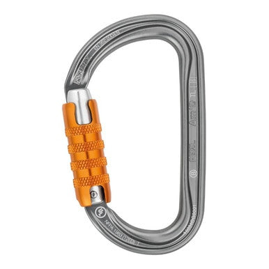 Displayed against a white background is the Petzl Aluminum Triact-Lock Carabiner M34A TL AM'D, featuring a silver build with an orange locking mechanism. This oval-shaped device is optimized for rope access, with embossed text detailing its specifications to ensure reliable fall protection during high-altitude tasks.