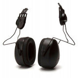 The Pyramex Safety CMFB6010 earmuffs, a crucial safety accessory equipped with wires and clips for easy helmet or hard hat attachment, are displayed against a white background, offering optimal hearing protection.