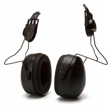 The Pyramex Safety CMFB6010 earmuffs, a crucial safety accessory equipped with wires and clips for easy helmet or hard hat attachment, are displayed against a white background, offering optimal hearing protection.