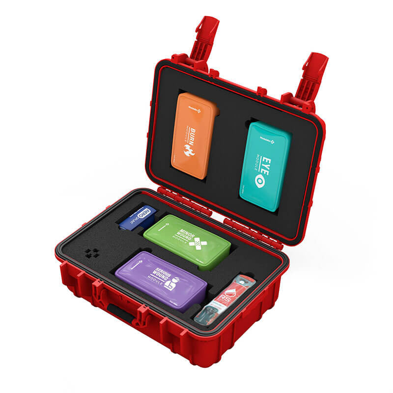 The Aero Healthcare RapidStop Modulator Trauma Kit M610 by Aero Healthcare is a stylish red plastic case that includes well-organized first aid supplies, such as a RapidStop Tourniquet and various colored pouches labeled for different emergency situations. This first aid kit meets ANSI Class B standards and features custom foam compartments to securely store the items.