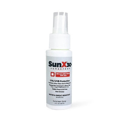 The Coretex SunX SPF30+ Sunscreen 2 oz. Pump Spray from the 12/Case SKU 71661 provides UVA/UVB protection in a PABA-free, oil-free formula that is resistant to water and sweat. Enriched with aloe vera and vitamin E, it nourishes the skin effectively. The packaging consists of a white bottle with bold red and black text for effortless recognition.