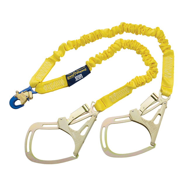 The 3M DBI-SALA Fall Protection ShockWave2 Shock Absorbing Lanyard 1244416 is a yellow lanyard equipped with self-locking snap hooks and a blue safety clip, meticulously designed for shock absorption and fall protection in construction or industrial environments.