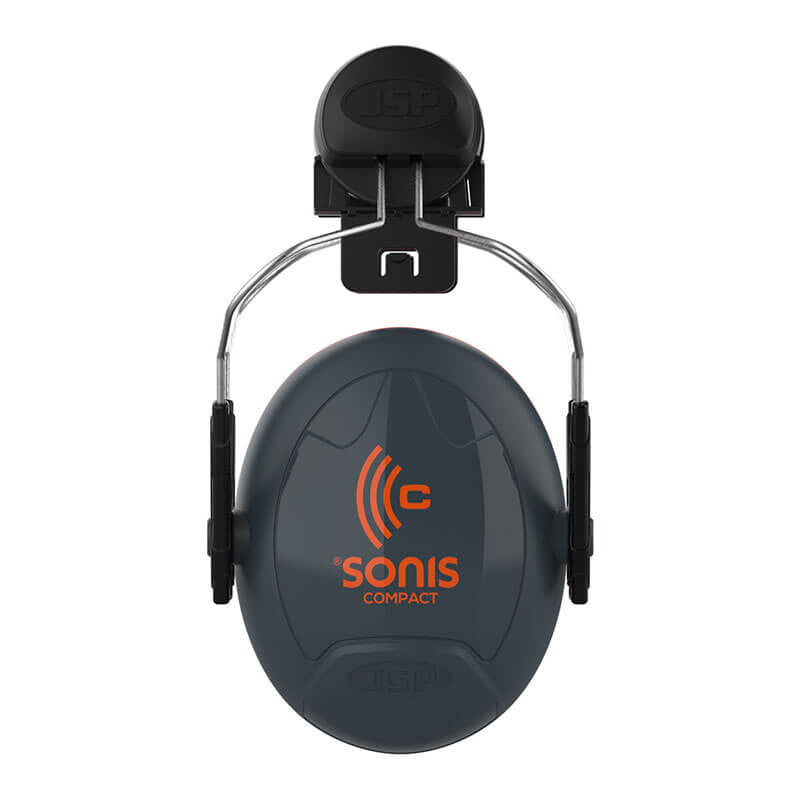 The PIP Sonis Compact Full Brim Mounted Passive Ear Muff 262-AEB030-FB by Protective Industrial Products features black and dark gray noise-canceling earmuffs with the "Sonis Compact" name and a sound wave logo in orange on the ear cups. Designed for attachment to full brim helmets or headgear, these passive earmuffs offer an NRR 24 rating to ensure optimal hearing protection.