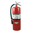 The Amerex 20 lb ABC Fire Extinguisher A411 features a black hose and nozzle and includes a label with usage instructions. Specifically designed for tackling Class A, B, and C fires, this red extinguisher contains mono ammonium phosphate. It stands upright against a plain white background.