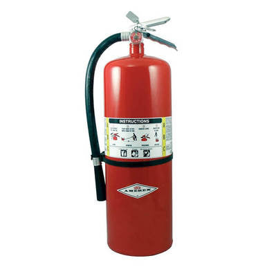 The Amerex 20 lb ABC Fire Extinguisher A411 features a black hose and nozzle and includes a label with usage instructions. Specifically designed for tackling Class A, B, and C fires, this red extinguisher contains mono ammonium phosphate. It stands upright against a plain white background.