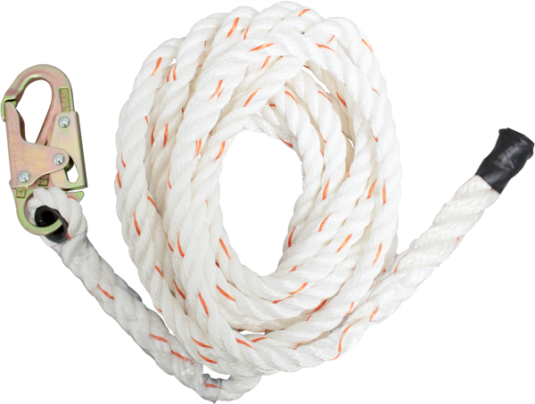 A French Creek Polyblend Synthetic Rope Lifeline 121-1S-25, crafted by French Creek Production, is coiled with a white polyblend synthetic material featuring orange flecks and includes a locking snaphook at one end. The other end is secured with black tape. This rope complies with ANSI Z359.1 standards and is displayed neatly on a plain background.