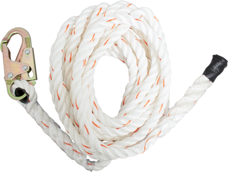 A French Creek Polyblend Synthetic Rope Lifeline 121-1S-25, crafted by French Creek Production, is coiled with a white polyblend synthetic material featuring orange flecks and includes a locking snaphook at one end. The other end is secured with black tape. This rope complies with ANSI Z359.1 standards and is displayed neatly on a plain background.