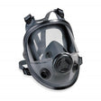 Introducing the Honeywell North 5400 Series Full Facepiece-Small 54001S, a sleek black full-face respirator mask from North. This elastomeric mask features a wide clear visor and adjustable straps for comfort and fit. It is designed with dual cartridge connectors and equipped with two additional round filters on either side for enhanced protection.