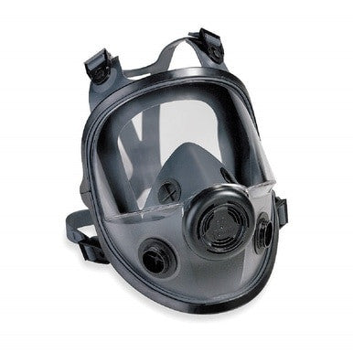 Introducing the Honeywell North 5400 Series Full Facepiece-Small 54001S, a sleek black full-face respirator mask from North. This elastomeric mask features a wide clear visor and adjustable straps for comfort and fit. It is designed with dual cartridge connectors and equipped with two additional round filters on either side for enhanced protection.