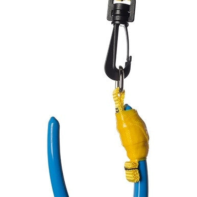 A close-up of the 3M DBI-SALA Fall Protection Python Safety D-Ring Attachment Point, showcasing its blue bungee cord with a yellow strap and black metal hook. This pack of 10 includes D-Ring attachments for versatile connectivity, perfect for drop prevention by securely tying off to various objects.