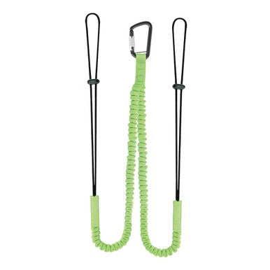 Introducing the PIP Double Leg Tool Tethering Lanyard by Protective Industrial Products. This green lanyard features a coiled middle section resembling a shock cord for enhanced flexibility and stretchability. It comes equipped with a black carabiner clip and two black loops on either end, ensuring secure tool attachment. Available as part of a 6-case set.