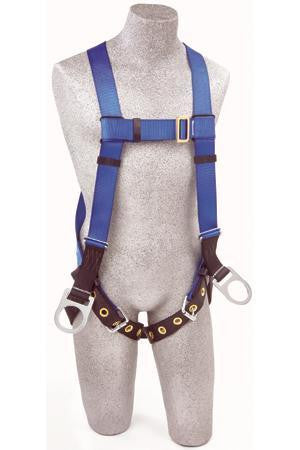 A mannequin showcases the Protecta 5-Point Full Body Work Positioning Harness by 3M DBI-SALA Fall Protection, featuring blue and black colors with metallic fasteners. This full-body harness is designed with an adjustable fit, including shoulder and thigh straps, as well as two large metal D-rings at the hips for use in personal fall arrest systems.