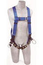 A mannequin showcases the Protecta 5-Point Full Body Work Positioning Harness by 3M DBI-SALA Fall Protection, featuring blue and black colors with metallic fasteners. This full-body harness is designed with an adjustable fit, including shoulder and thigh straps, as well as two large metal D-rings at the hips for use in personal fall arrest systems.