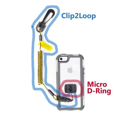 A phone with a clear case is connected to a coiled yellow lanyard labeled "Clip2Loop," reminiscent of the 3M DBI-SALA Adjustable Radio Case. The lanyard attaches to the phone via a small black Micro D-Ring, providing secure and convenient access.