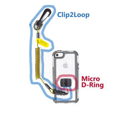 A phone with a clear case is connected to a coiled yellow lanyard labeled "Clip2Loop," reminiscent of the 3M DBI-SALA Adjustable Radio Case. The lanyard attaches to the phone via a small black Micro D-Ring, providing secure and convenient access.