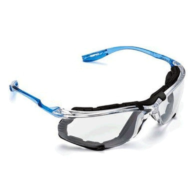 The 3M Virtua CCS Safety Glasses come with clear, anti-fog lenses, a blue frame, and black padding for optimal protection. They also include a foam gasket that ensures comfort and enhances durability.