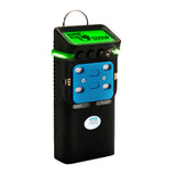 The GfG Polytector III G999P Gas Detector, model number G999P-03010200706110, is a handheld device with a digital display that prominently shows numbers and the "GFG" logo. It has a black and blue casing equipped with various buttons. For precise portable gas detection, green lights illuminate both sides of the display. This detector is designed to detect O2, CO, H2S with additional technologies like PID and IR LEL sensors.