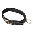 Displayed on a white background is the Miller Single D-ring Body Belt 3NA/MBK from Miller Fall Protection, featuring a black nylon strap with metal grommets and a metal D-ring, reminiscent of a dog collar or belt. This accessory exemplifies the reliable craftsmanship of Miller by Honeywell, making it ideal for use as a positioning lanyard in fall protection systems.