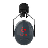 The PIP Sonis 3 Cap Mounted Passive Ear Muff 62-AEB040-CM by Protective Industrial Products (PIP) comes in black and red, featuring an adjustable metal frame and a convenient clip for attachment. It offers passive ear protection specifically designed for noise reduction and hearing conservation.