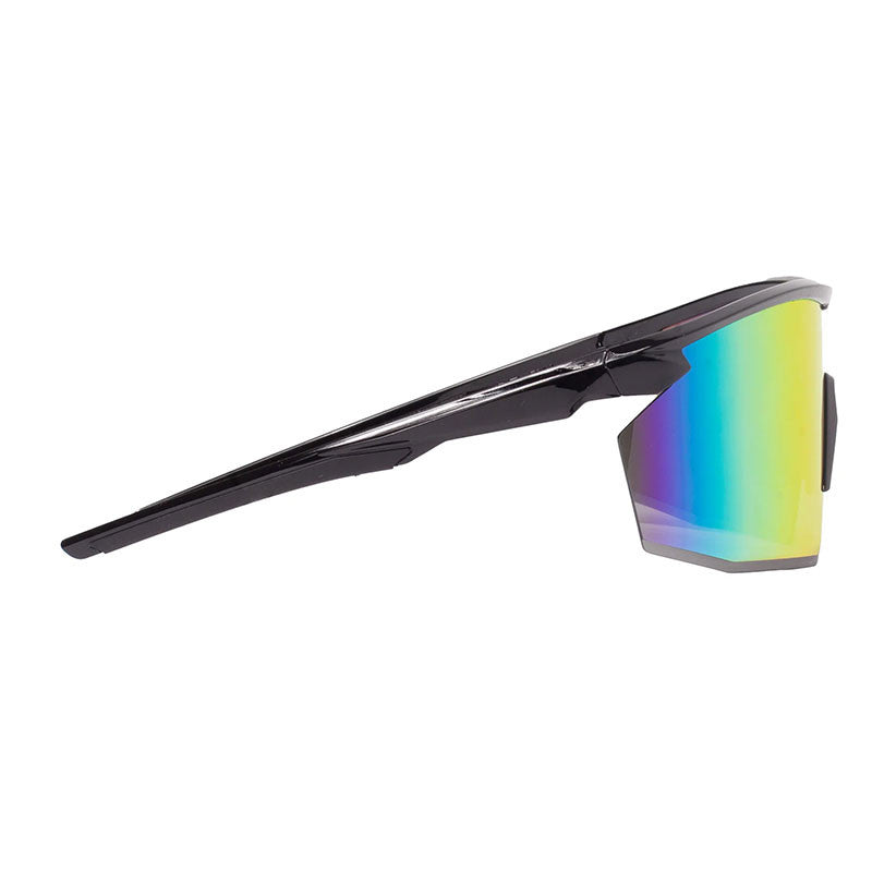 Side view of the Pyramex PMXSPEC Spectrum Mirror Safety Glasses SB11295ST, featuring a sleek black frame and a single large, reflective anti-fog lens that displays a gradient of blue, green, and yellow. With an angular shape and sharp edges, these modern safety glasses by Pyramex Safety offer superior protection.