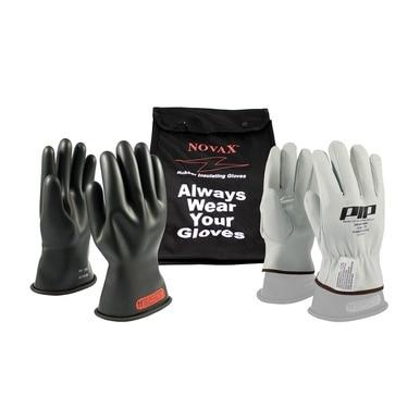 The PIP NOVAX Class 0 Electrical Safety Kit 150-SK-0 by Protective Industrial Products features a set of rubber insulating gloves available in different colors, complemented by a sleek black bag adorned with "NOVAX Always Wear Your Gloves" in striking red and white text. This kit is an essential inclusion for your electrical safety needs, fully compliant with ASTM D120 standards.