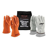 The image showcases the PIP NOVAX Class 0 Electrical Safety Kit 147-SK-0, perfect for electrical work. The kit includes orange rubber insulating gloves and white protective gloves with gray cuffs. In the background, a black bag with the message "Always Wear Your Gloves" and the NOVAX logo highlights the importance of essential PPE from PIP - Protective Industrial Products.