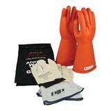 The PIP NOVAX Class 1 Electrical Safety Kit 147-SK-1 by Protective Industrial Products, featuring orange rubber insulating gloves and white protective leather gloves, perfect for electrical work, is showcased. This essential PPE set includes a black storage bag labeled "NOVAX Always Wear Gloves.