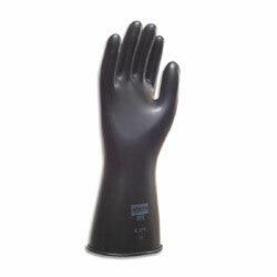 The Honeywell North Butyl Permeation Resistant Glove in black stands upright against a white background. Featuring a smooth finish and exceptional permeation resistance, it is designed for industrial use, while maintaining excellent tactile sensitivity.