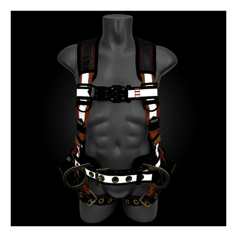 A black mannequin torso displays the Frontline Combat Reflective Construction Full Body Harness 100RCTB by Frontline Fall Protection, featuring padded shoulder straps, metal rings, buckles, and reinforced stitching against a black background.