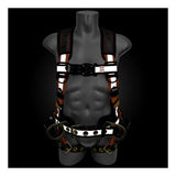 A black mannequin torso displays the Frontline Combat Reflective Construction Full Body Harness 100RCTB by Frontline Fall Protection, featuring padded shoulder straps, metal rings, buckles, and reinforced stitching against a black background.