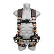 A gray mannequin torso displays the Frontline Combat Reflective Construction Full Body Harness 100RCTB by Frontline Fall Protection, featuring black and orange padded straps, metal rings, and buckles for industrial fall protection.