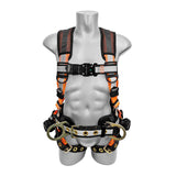 A gray mannequin torso displays the Frontline Combat Reflective Construction Full Body Harness 100RCTB by Frontline Fall Protection, featuring black and orange padded straps, metal rings, and buckles for industrial fall protection.