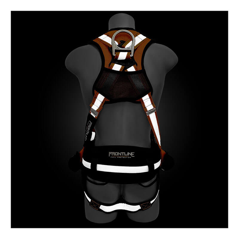 A black mannequin displays the Frontline Combat Reflective Construction Full Body Harness 100RCTB by Frontline Fall Protection, featuring white straps, padding, a back D-ring, and "Frontline" label. Shown from the back against a dark background.