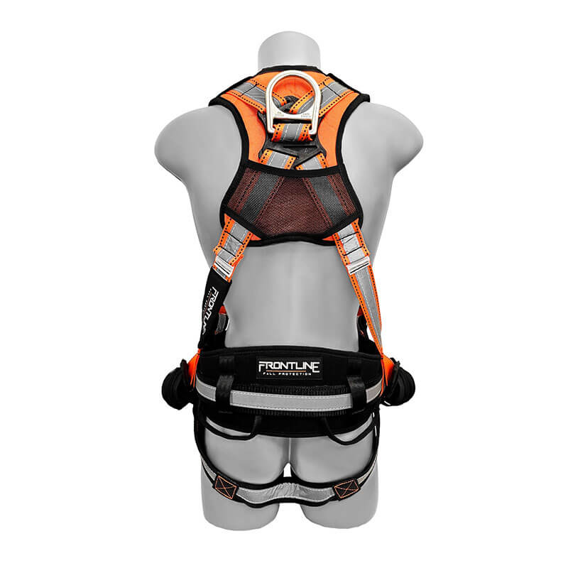 A mannequin displays the Frontline Combat Reflective Construction Full Body Harness 100RCTB by Frontline Fall Protection in orange and black, featuring padded straps, back support, and a metal D-ring for fall protection.