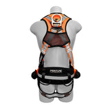A mannequin displays the Frontline Combat Reflective Construction Full Body Harness 100RCTB by Frontline Fall Protection in orange and black, featuring padded straps, back support, and a metal D-ring for fall protection.