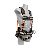 A gray mannequin torso displays the Frontline Combat Reflective Construction Full Body Harness 100RCTB by Frontline Fall Protection—black and orange, with metal buckles, rings, and adjustable straps for industrial fall protection.