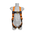 A gray mannequin torso displays the Frontline Combat Complete Roofers Kit by Frontline Fall Protection, featuring an orange and black safety harness with adjustable straps, buckles, and padded sections for fall protection.