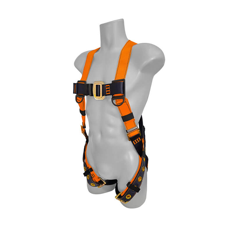 A gray mannequin torso displays the Frontline Fall Protection Combat Economy Full Body Harness with tongue buckle legs, featuring safety orange polyester, adjustable straps, and metal buckles on the chest, shoulders, and thighs.