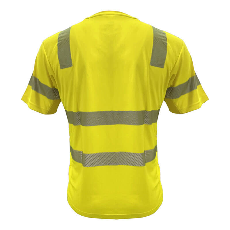 The PIP EcoChill Short Sleeve T-Shirt with Coolmax 104CMPS, seen from the back, features bright yellow fabric with two horizontal and two vertical reflective stripes. It offers comfort via Coolmax Technology and meets ANSI Type R Class 3 standards.