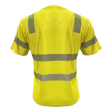 The PIP EcoChill Short Sleeve T-Shirt with Coolmax 104CMPS, seen from the back, features bright yellow fabric with two horizontal and two vertical reflective stripes. It offers comfort via Coolmax Technology and meets ANSI Type R Class 3 standards.