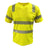 The PIP EcoChill Short Sleeve T-Shirt with Coolmax 104CMPS by PIP is a hi-vis yellow safety shirt featuring gray reflective stripes, a left front pocket, and ANSI Type R Class 3 certification.