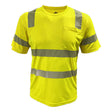 The PIP EcoChill Short Sleeve T-Shirt with Coolmax 104CMPS by PIP is a hi-vis yellow safety shirt featuring gray reflective stripes, a left front pocket, and ANSI Type R Class 3 certification.