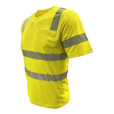 The PIP EcoChill Short Sleeve T-Shirt with Coolmax 104CMPS is a yellow safety tee featuring reflective stripes, a left chest pocket, and Coolmax Technology. ANSI Type R Class 3 compliant for high visibility. Brand: PIP.