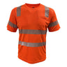 The PIP EcoChill Short Sleeve T-Shirt with Coolmax 104CMPS by PIP features hi-vis orange color, reflective silver stripes on the chest, sleeves, and shoulders, a left chest pocket, and UPF 50+ sun protection.
