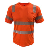 The PIP EcoChill Short Sleeve T-Shirt with Coolmax 104CMPS features bright orange fabric, reflective silver stripes, a left chest pocket, meets ANSI Type R Class 3 standards, and offers UPF 50+ sun protection for jobsite safety.