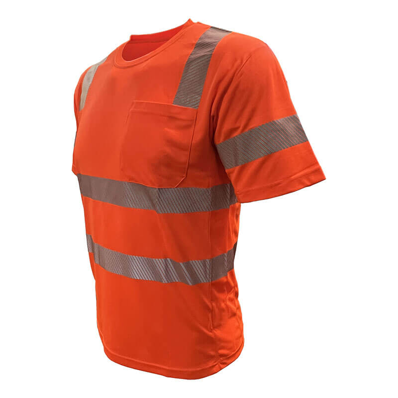 The PIP EcoChill Short Sleeve T-Shirt with Coolmax 104CMPS features bright orange fabric, reflective silver stripes, a left chest pocket, and UPF 50+ sun protection—ideal for enhanced safety and comfort outdoors.